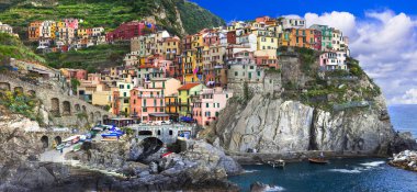 Liguria, İtalya 'nın ünlü Cinque arazisindeki renkli köy Manarola.