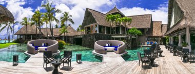 Luxury tropical vacation. exotic resort territory with swim pool.