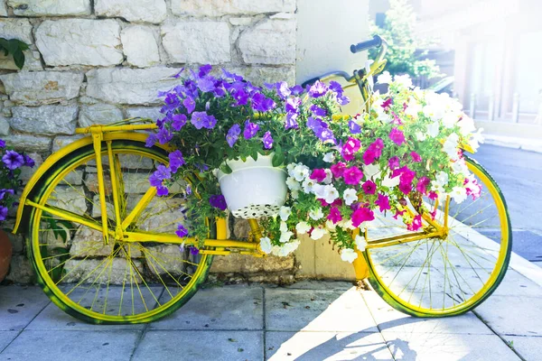Bájos Utcai Dekoráció Régi Kerékpár Virágzó Virágok — Stock Fotó