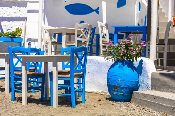 Παραδοσιακή Ελληνική Ταβέρνα Στην Παραλία Χαρακτηριστική Μπλε Καρέκλα Και Λουλούδια — Φωτογραφία Αρχείου
