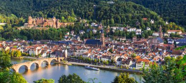 Güzel Heidelberg eski kasabası, eski köprüsü, evleri, Neckar nehri üzerindeki kalesi, Almanya.