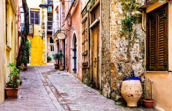 Colorful traditional Greece series - narrow streets in old town of Chania, Crete island.