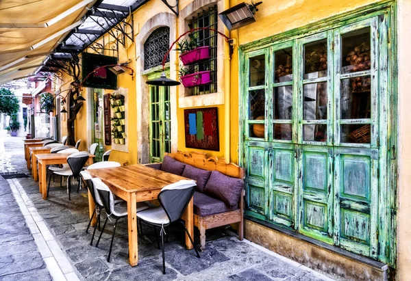 Colorato Tradizionale Grecia Serie Piccoli Ristoranti Strada Nel Centro Storico — Foto Stock