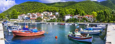 Yunanistan seyahati Neo Klima köyünde renkli tekneleri olan geleneksel bir balıkçı köyü.. 
