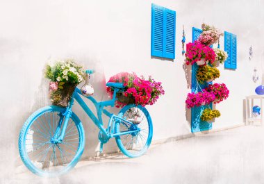 Eski bisiklet ve çiçeklerle geçmişe dönük çekici bar dekorasyonu