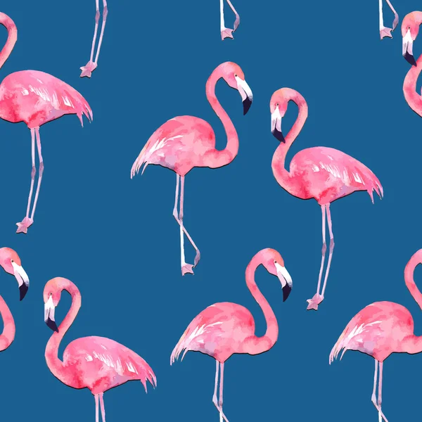 Padrão sem costura aquarela com flamingo exótico no backgro azul —  Vetores de Stock