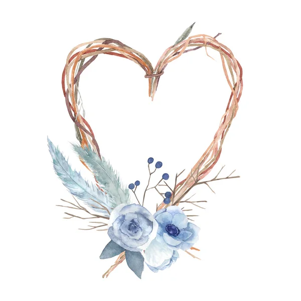 Watercolor heart with flowers, feathers, branches — Stock Photo, Image