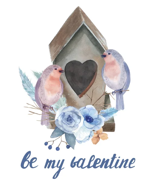 Cartão de aquarela com pássaros, flores, ramos, coração, caixa — Fotografia de Stock