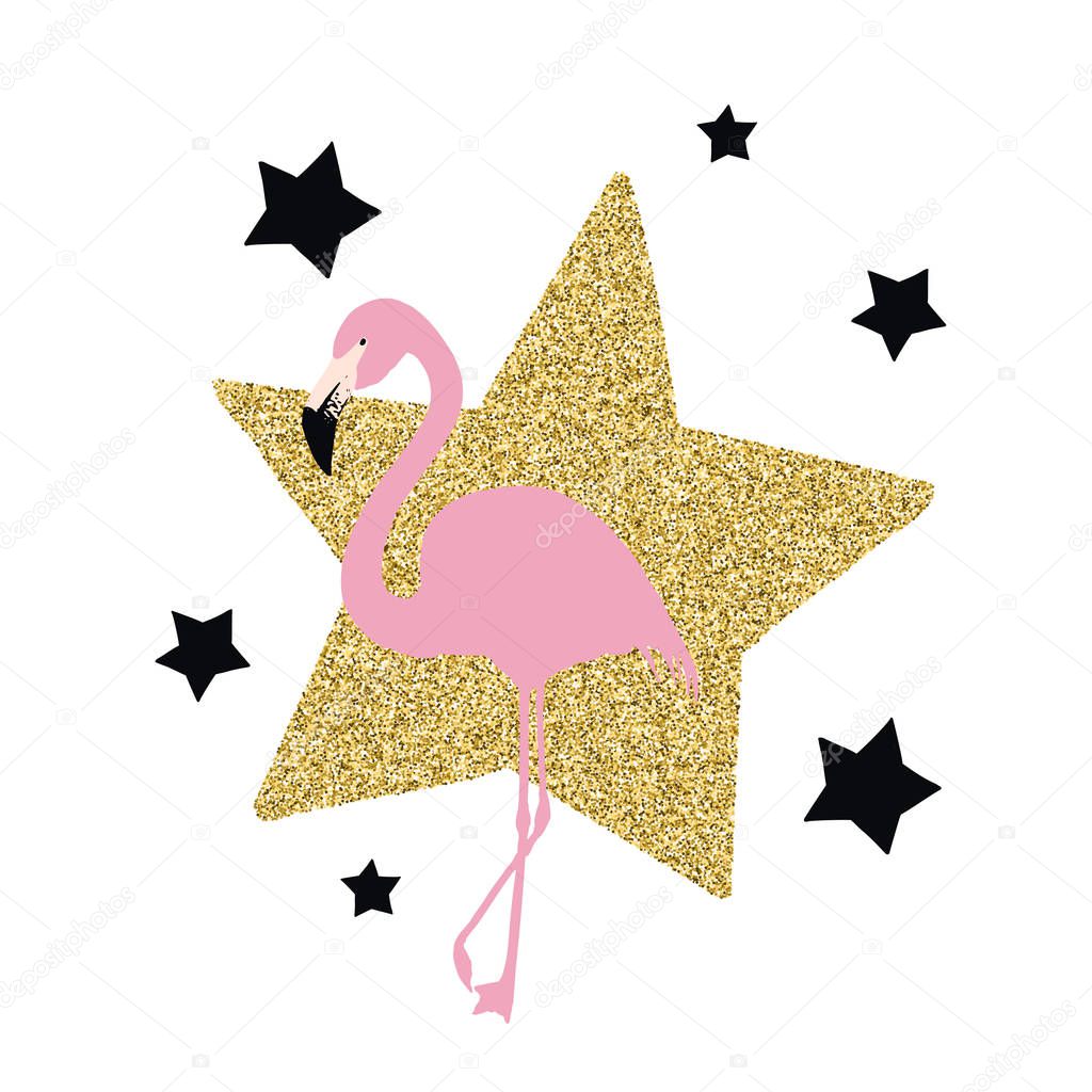 Pink flamingo with stars, vector illustration