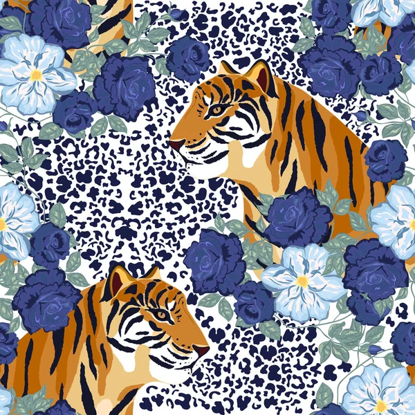 抽象无缝模式。动物印刷品与老虎和花。v — 图库矢量图片