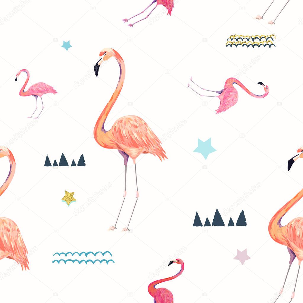 Abstract seamless pattern with flamingo. Summer tropical design.