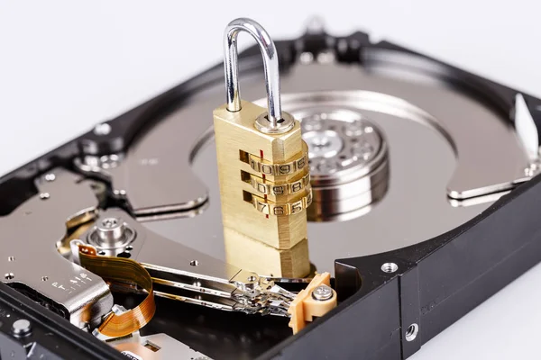 Lock on hdd or harddrive, part of computer, cyber security concept Royalty Free Stock Images