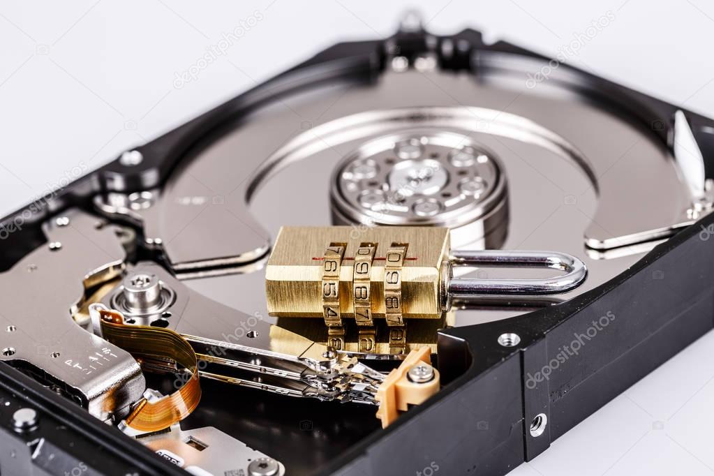 lock on hdd or harddrive, part of computer, cyber security concept