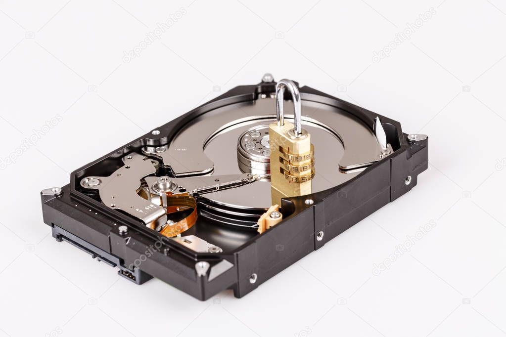 lock on hdd or harddrive, part of computer, cyber security concept