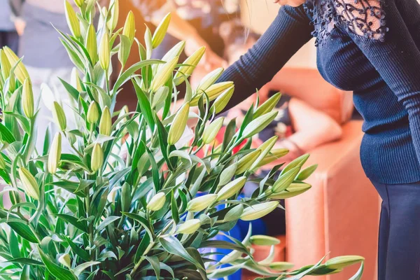 Žena květinářství v černé košili aranžování s partou lilií v obývacím pokoji na noční párty. Selektivní zaměření. — Stock fotografie