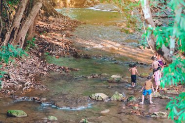 Bir grup çocuk, Tayland, Kanchanaburi 'deki Hin Baba kaplıcasında derenin doğasını keşfetmek için yürüyorlar..