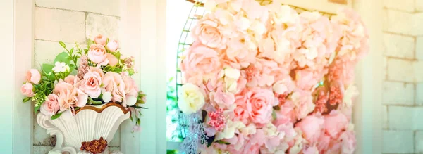 Many Artificial Pink White Roses Decorated Wall Backdrop Wedding Day — 스톡 사진