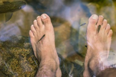 Antimon balığı spa terapisi ve şelalede ayak masajı yaptıran genç adam..