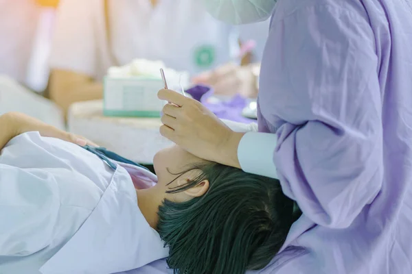 Female Dentist Examining Teeth Student Mouth Mirror Probe Checking School — Stock Photo, Image