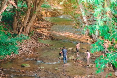 Bir grup çocuk, Tayland, Kanchanaburi 'deki Hin Baba kaplıcasında derenin doğasını keşfetmek için yürüyorlar..