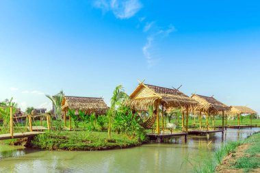 Dinlenme kulübeleri bambu ve sazdan yapılmış çatılar pirinç tarlalarında dinlenmek için..