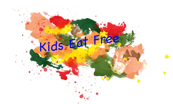 Salpicadura de acuarela abstracta con niños comen caligrafía gratis —  Fotos de Stock