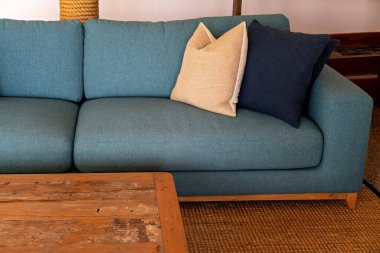 Yastıklı bir kanepe ve halı üzerine kurulmuş bir masa.