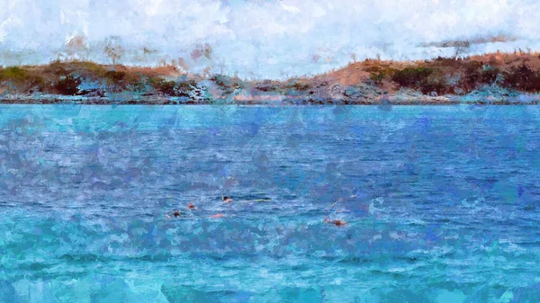 Cyfrowy Artystyczny Ilustracja Abstrakcyjny Akwarela Malarstwo Snorkelers Przeglądający Podwodną Rafę — Zdjęcie stockowe
