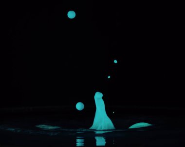 Yeşil su damlacıkları, siyah arkaplana karşı gelişigüzel bir şekilde merkez küre etrafında düşüyorlar.