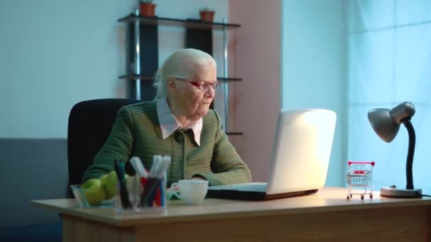 Пожилая женщина внимательно изучает монитор ноутбука и записывает данные — стоковое видео