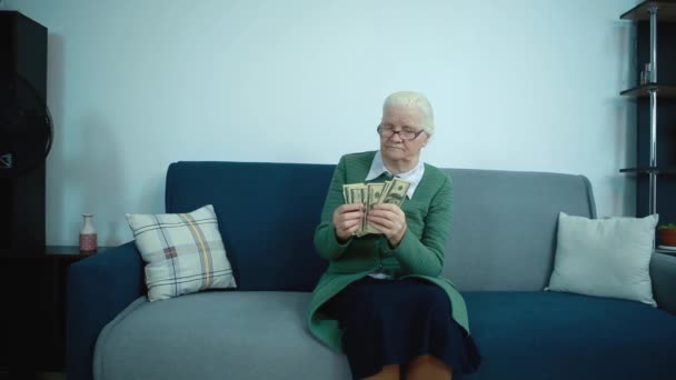 Бабушка сидит на диване, считает деньги. — стоковое видео