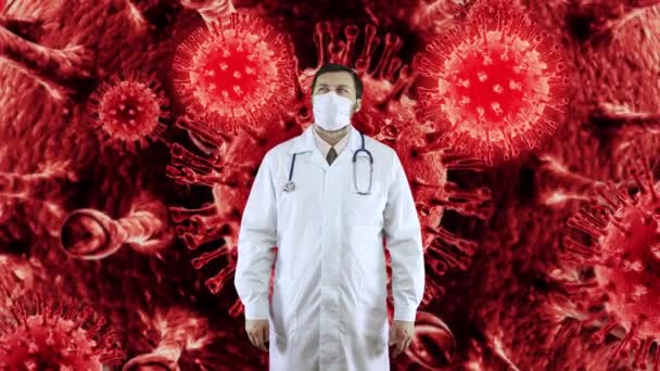 Медицинский работник борется с вирусами и разгоняет их руками. . — стоковое видео