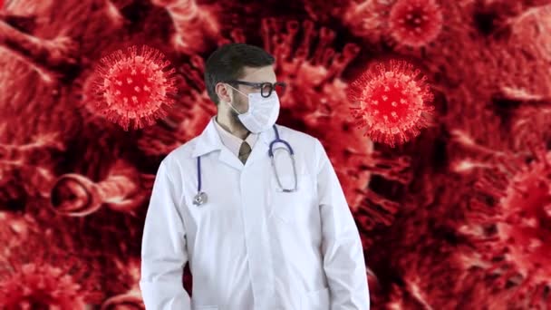 Lekarz w masce i szlafroku zwalcza wirusa, zdejmuje wirusa z jego ramion.. — Wideo stockowe