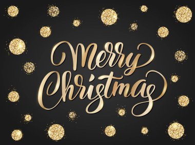 Neşeli Noel kartı el ile çizilmiş yazı ve altın glitte