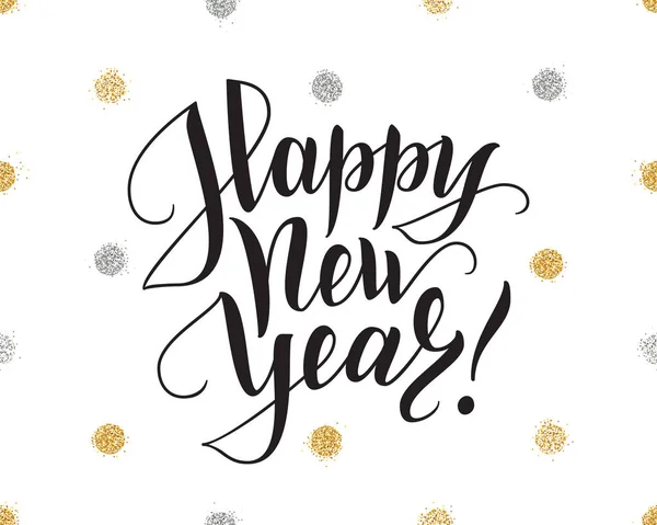 Frohes neues Jahr Karte mit Pinsel-Schriftzug und glitzernden Punkten Hintergrund — Stockvektor