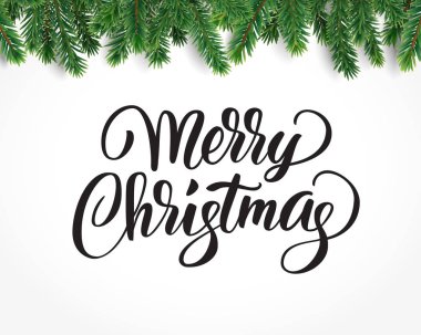 Merry christmas metin ve köknar-ağaç dalları, vektör çizim kartı