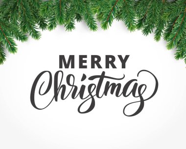 Merry christmas metin ve köknar-ağaç dalları, vektör çizim kartı