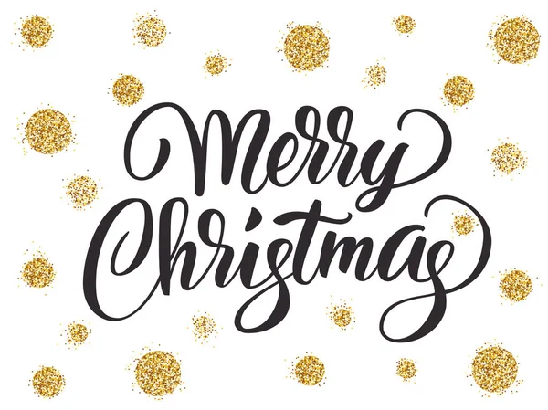 Merry christmas kaart met hand getrokken letter en gouden glitter-stippen — Stockvector