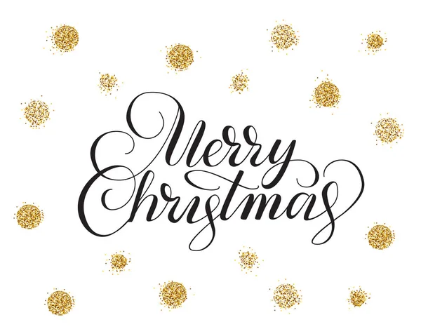 Merry christmas kaart met hand getrokken letter en gouden glitter-stippen — Stockvector