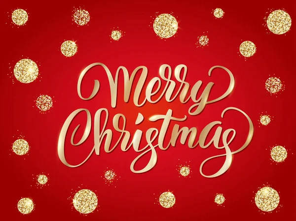 Frohe Weihnachtskarte mit handgezeichnetem Schriftzug und goldenem Glanz — Stockvektor