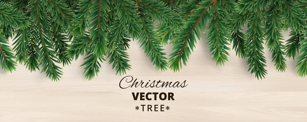 Ahşap arka plan üzerinde vektör Noel ağacı dalları ile banner. — Stok Vektör