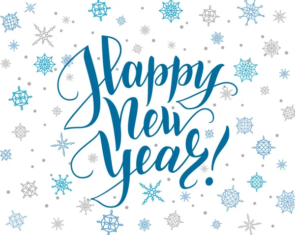 Happy new year card. Lettering over background with snowflakes. — Stock Vector