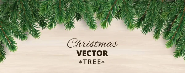 Banner mit Vektor-Weihnachtsbaumzweigen auf Holzgrund. — Stockvektor