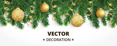 Köknar ağacı garland, asılı topları ve kurdeleler ile yatay yılbaşı banner.