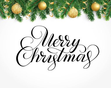 Köknar ağacı garland, süs eşyaları ve Merry Christmas metin tebrik kartı.