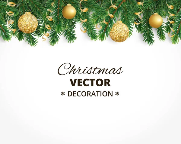 Christmas background with fir tree garland, hanging balls and ribbons. — Stock Vector