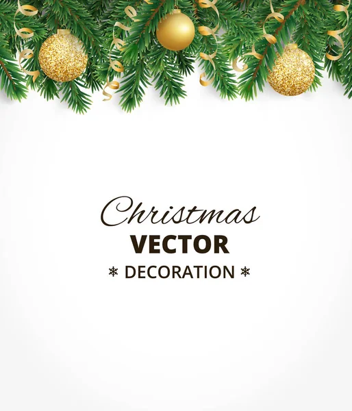 Jul bakgrund med fir tree garland, hängande bollar och band. — Stock vektor