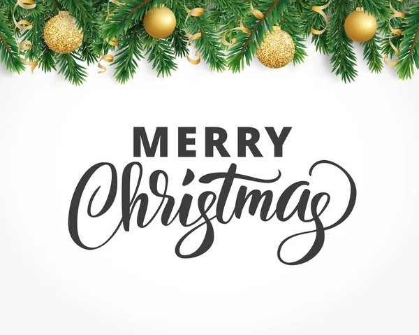 Cartão de saudação com grinalda de abeto, ornamentos e texto de Feliz Natal . — Vetor de Stock
