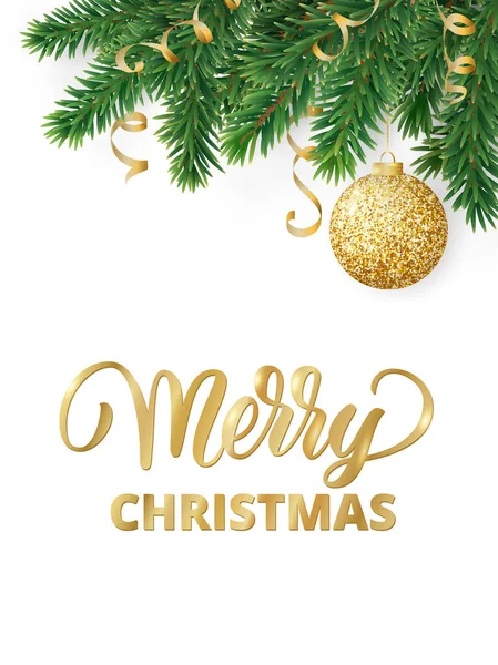 Ευχετήρια κάρτα με κλαδιά δένδρων ελάτης, Κρεμαστή μπάλα glitter και καλά Χριστούγεννα κείμενο — Διανυσματικό Αρχείο