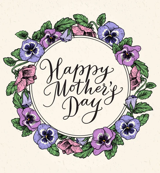 Feliz mãe cartão de dia com texto e moldura de botânico vintage —  Vetores de Stock